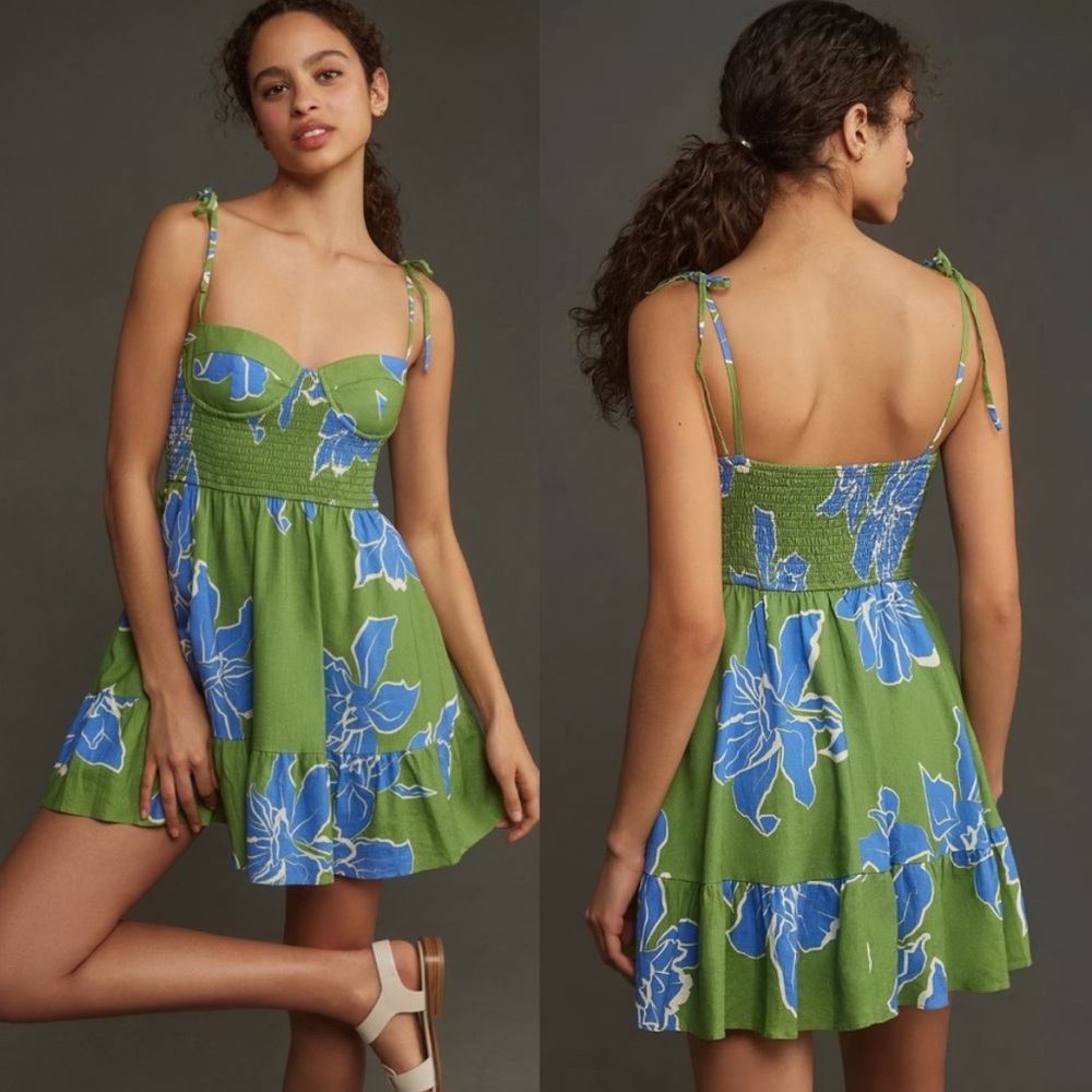 Anthropologie Hutch Green Floral Valley Tie Strap Bustier Mini Sundress Medium